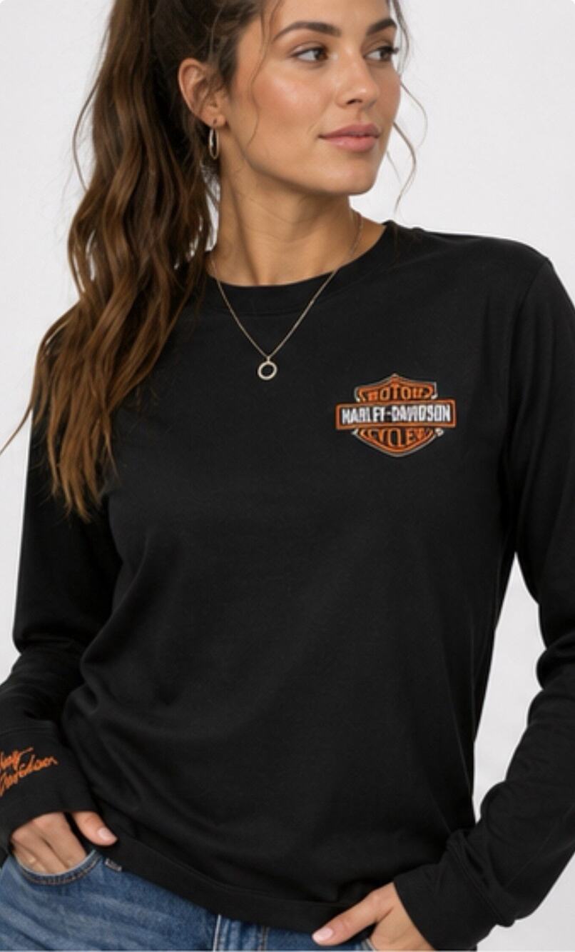 Harley-Davidson Womens Large Black Long Sleeve Shirt Embroidered Bar Shield